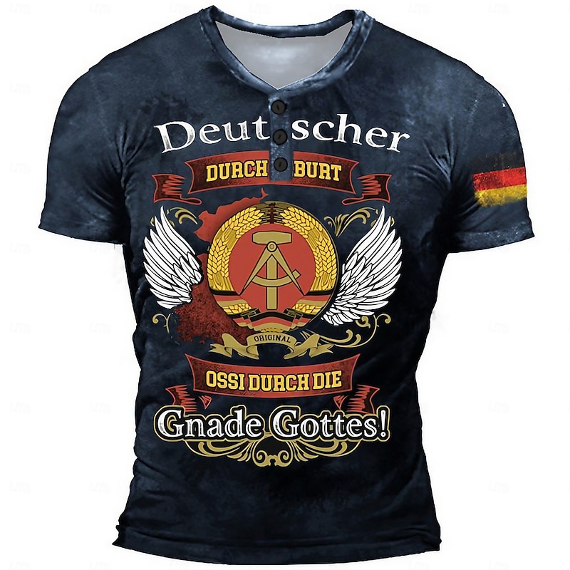 Men's Short Sleeve Graphic Henley T-Shirt, East German Ossi Heritage Design, featuring GDR Emblem and 'German by Birth, Ossi by Grace of God' - Main Image
