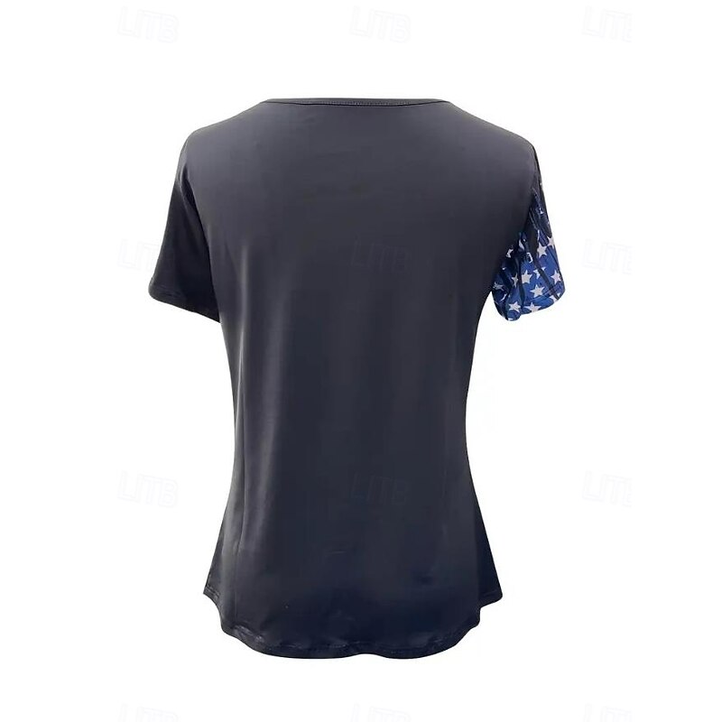 Women's Patriotic  T Shirt Flag Flag National Flag Stylish Casual Red White And Blue Short Sleeve V Neck Regular Tops Daily Print Black Summer Spring2