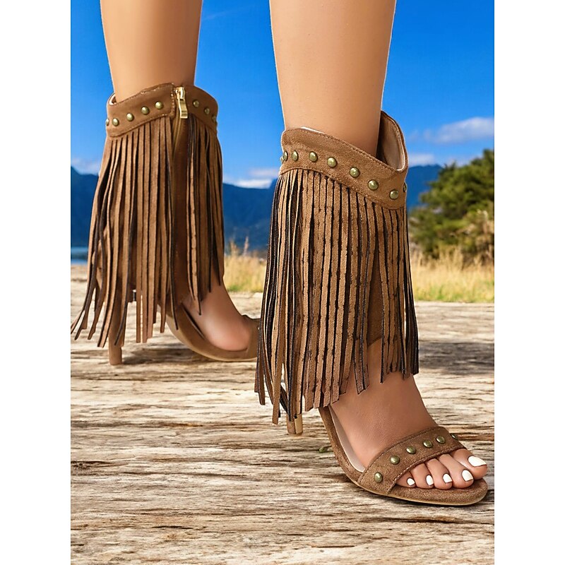 Women's Western Fringe Sandals – Brown Bohemia Suede Open-Toe Heeled Sandals with Stud Details for Cowgirl Style, Music Festivals, and Summer Outings3