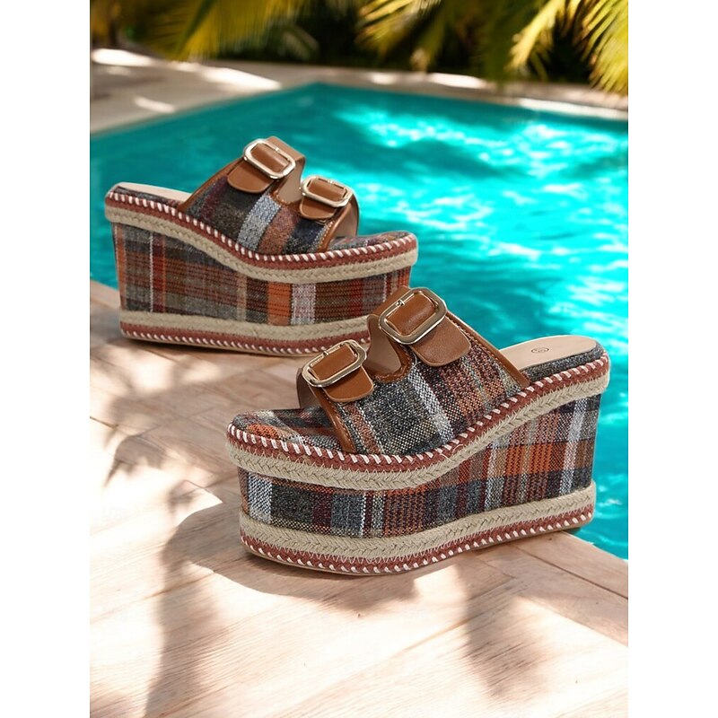 Women's Plaid Platform Wedge Sandals – Trendy Buckle Strap Slip-On Shoes with Jute Detailing for Summer Beach Vacations and Casual Outings4