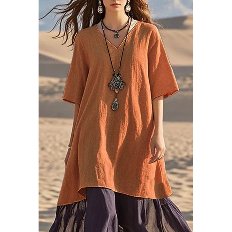 Women's Midi Dress Linen-Inspired Dresses Cotton Linen Dress Fashion Basic Modern Outdoor Daily Holiday Regular Fit Color Block Half Sleeve V Neck Black White Orange Light Blue Summer4
