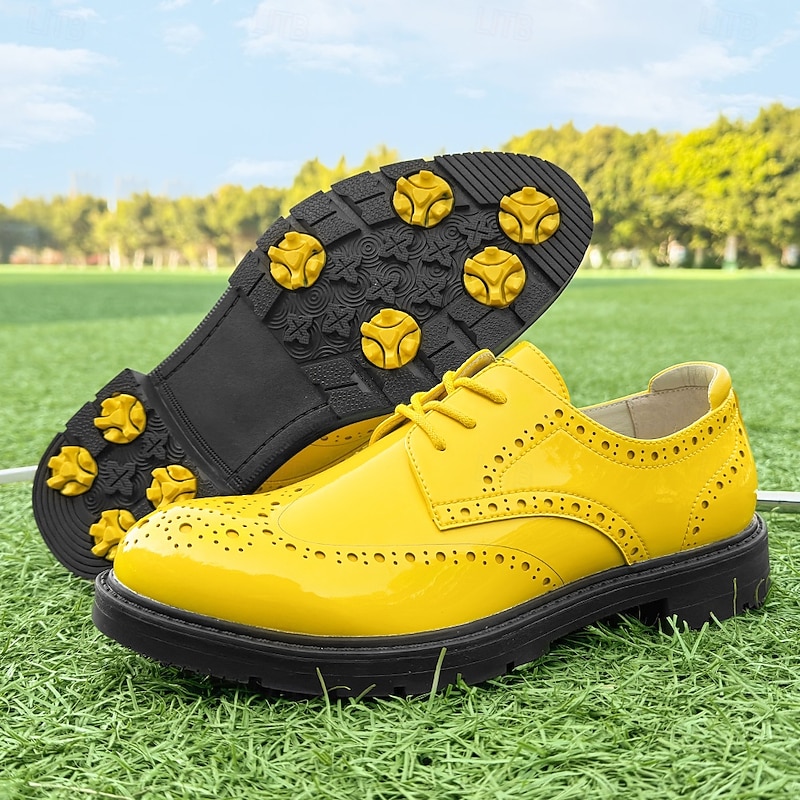 Men's Vibrant Yellow Brogue Golf Shoes, Lace-Up, Water-Resistant Leather, Stylish Choice for Golf and Casual Wear4