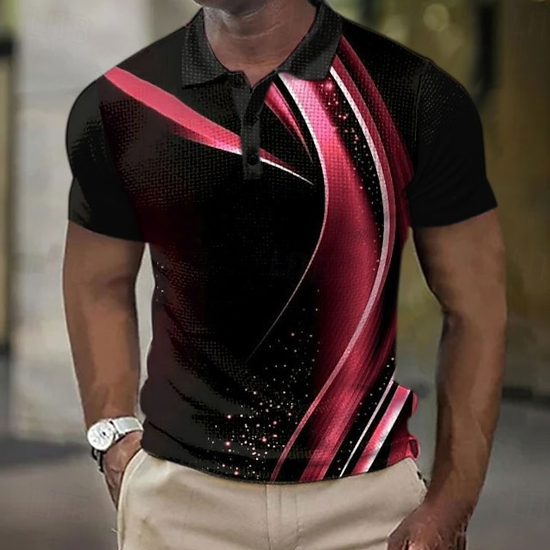 Men's Geometic Line Waffle Polo Shirts Short Sleeve Polo Shirts Collared Shirts Business Casual Business Athleisure Wear to work Buttons 3D Print Summer Red Blue Green3