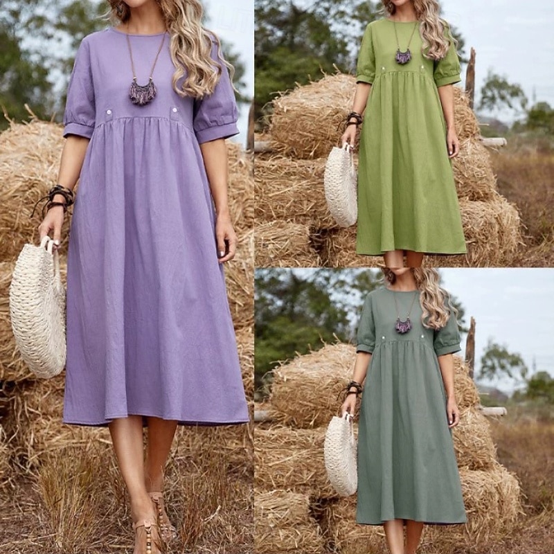 Women's Midi Dress Linen-Inspired Dresses Casual Dress Cotton Linen Dress Fashion Basic Outdoor Daily Holiday Regular Fit Plain Short Sleeve Crew Neck Light Green Army Green Purple Summer