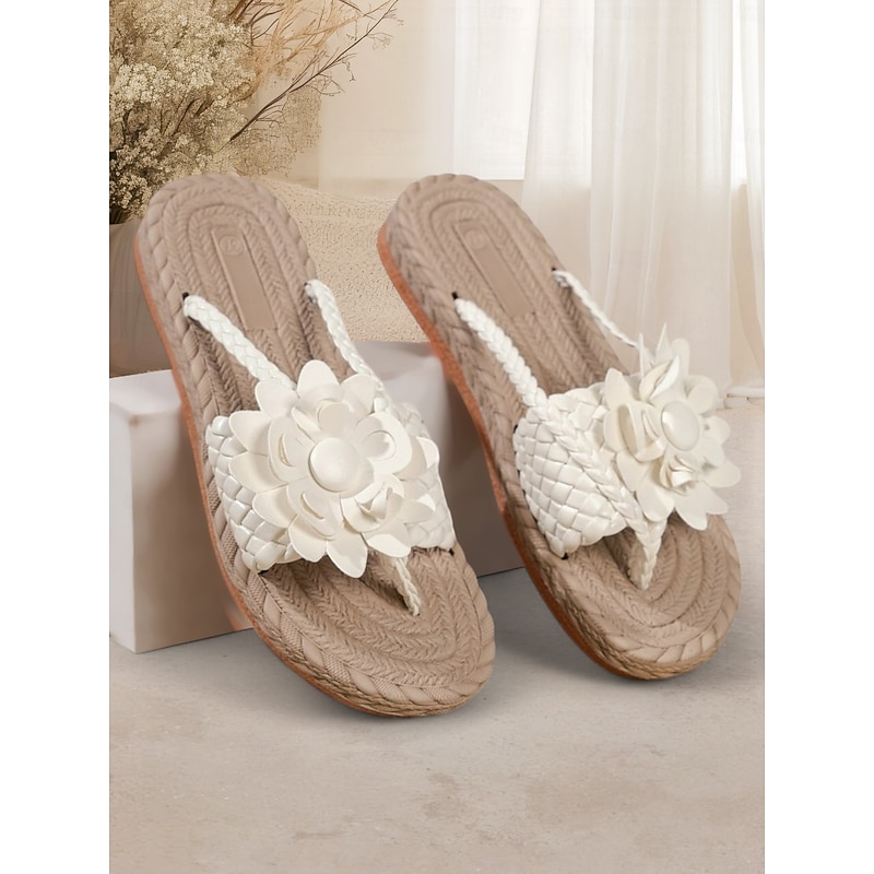 Women's Bohemian White Woven Sandals with Floral Accents – Stylish and Comfortable Summer Slip-On Sandals for Beach Vacations and Casual Wear4