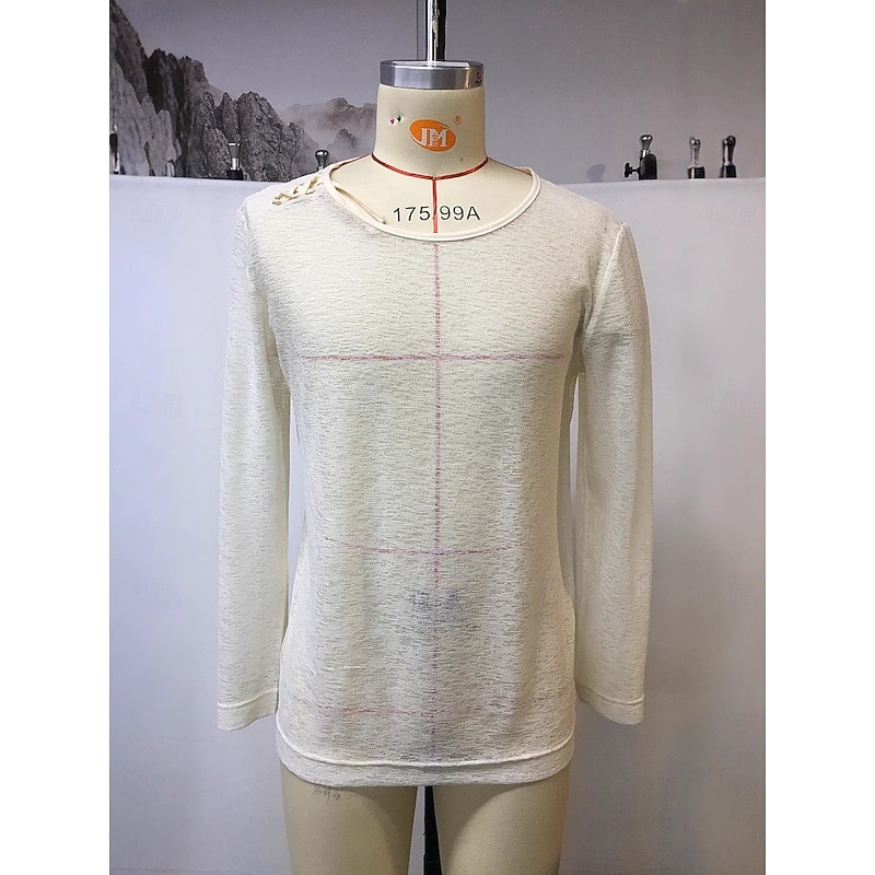 Men's T Shirt Long Sleeve Crew Neck Winter Spring &  Fall Solid Color Knitwear Daily Lace up Outdoor Causal Casual White Top Tee for Men2