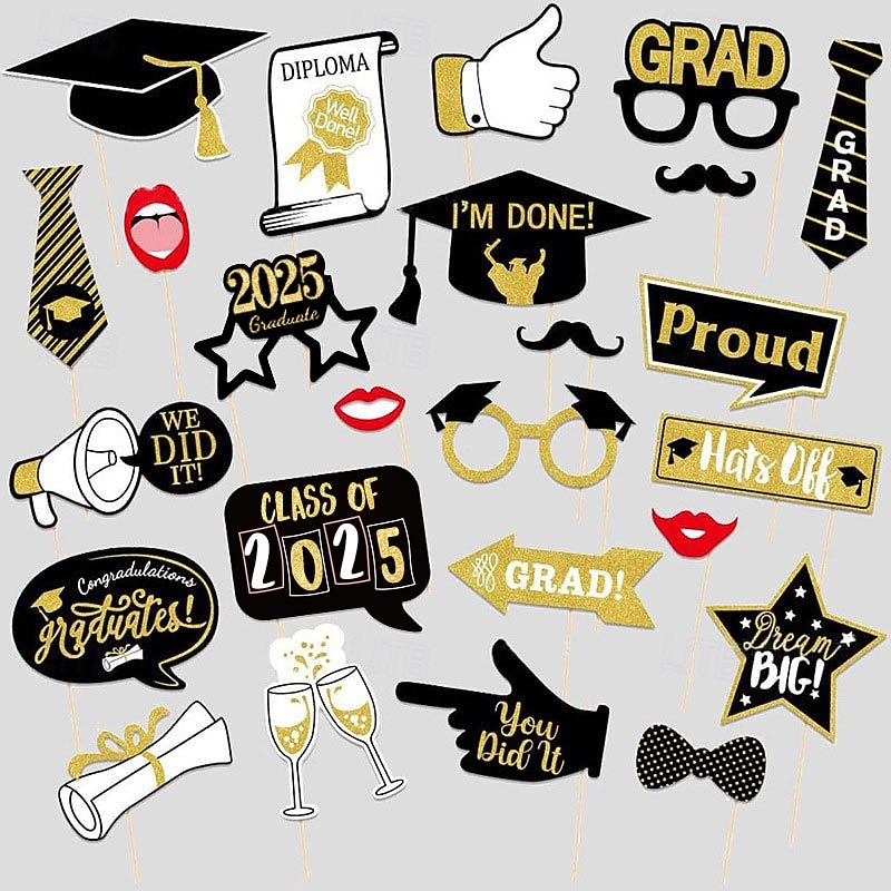25pcs Graduation Party Photo Props, 2025 Graduation Ceremony Decoration, Photo Booth Background Decor for Graduation Celebrations2
