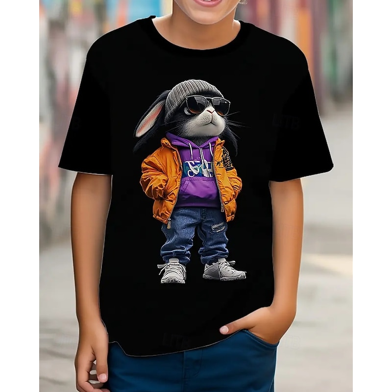 100% Cotton Kids Boys Black Rabbit T shirt Tops Crew Neck Short Sleeve Vacation Casual Daily Wear Fashion Sport Print Summer