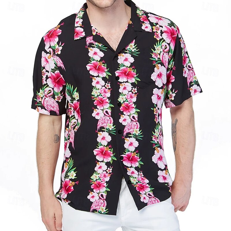 Men's Floral Print Flowers Shirt Summer Hawaiian Shirt Camp Collar Shirt Short Sleeve Hawaiian Vacation Holiday Beach Wear Summer Spring Cuban Collar 3D Print Collared Shirts Front One Pocket Black