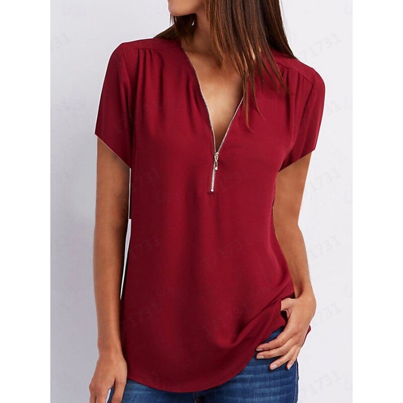 Women's T Shirt Solid Color Plain Fashion Modern Casual Short Sleeve V Neck Regular Tops Daily Weekend Zipper Black White Pink Wine Royal Blue Summer2