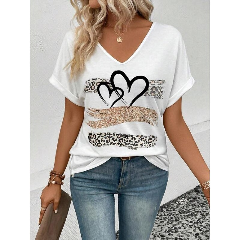 Women's T Shirt Ombre Heart Leopard Casual Short Sleeve V Neck Regular Tops Daily Going out Beach Wear Print White Summer3