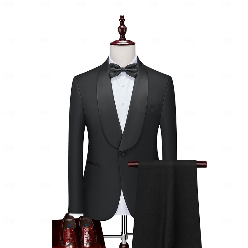 Men's Wedding Prom Party Suits Black Fashion Formal Solid Colored Standard Fit 2 Piece Single Breasted One-button3