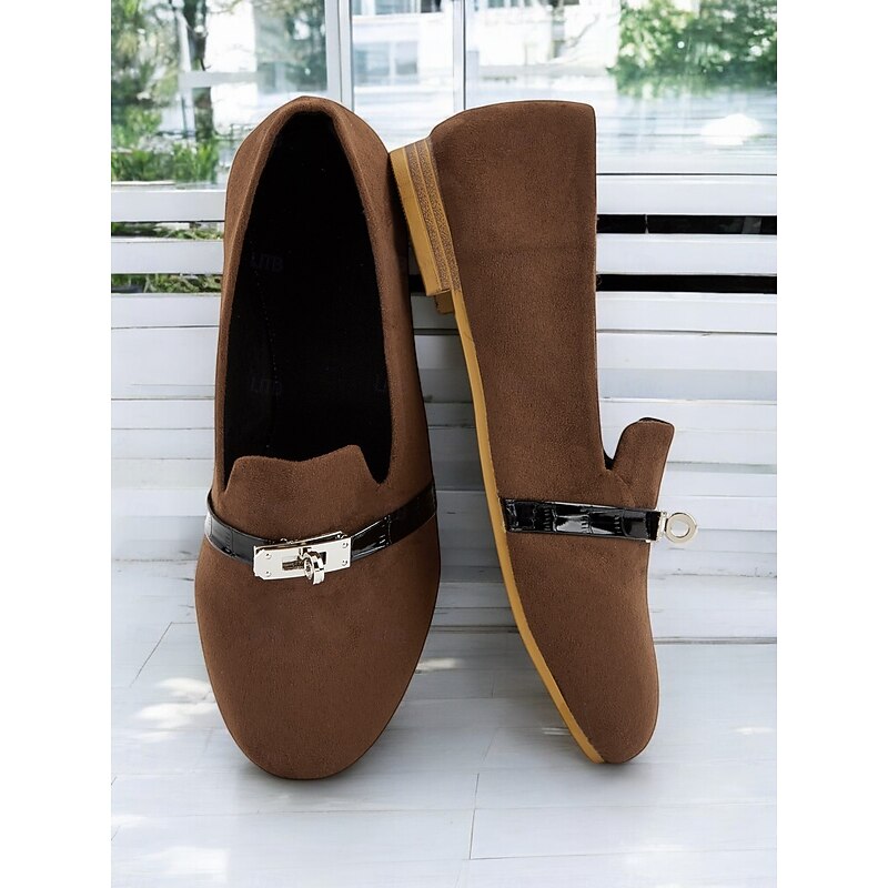 Women's Faux Suede Loafers - Stylish Flat Shoes with Patent Leather Buckle for Work & Casual Outfits3