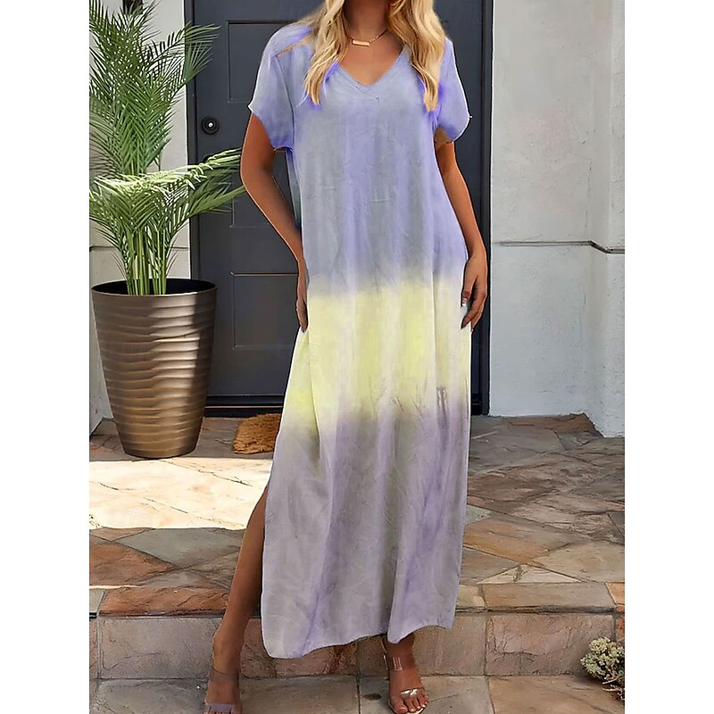 Women's Maxi Dress Sundress Summer Dress Vacation Casual Vacation Daily Regular Fit Ombre Graphic Short Sleeve V Neck Yellow Blue Orange Summer4