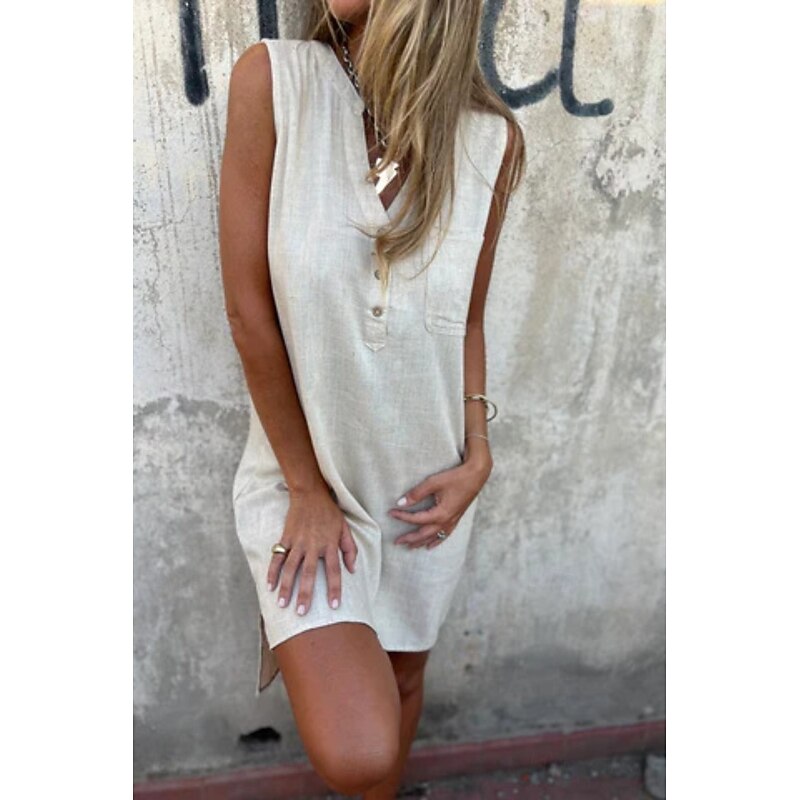 Women's Mini Dress Linen-Inspired Dresses Cotton Linen Dress Fashion Classic Modern Vacation Daily Holiday Regular Fit Plain Sleeveless V Neck Black Beige Grey Light Blue Summer4
