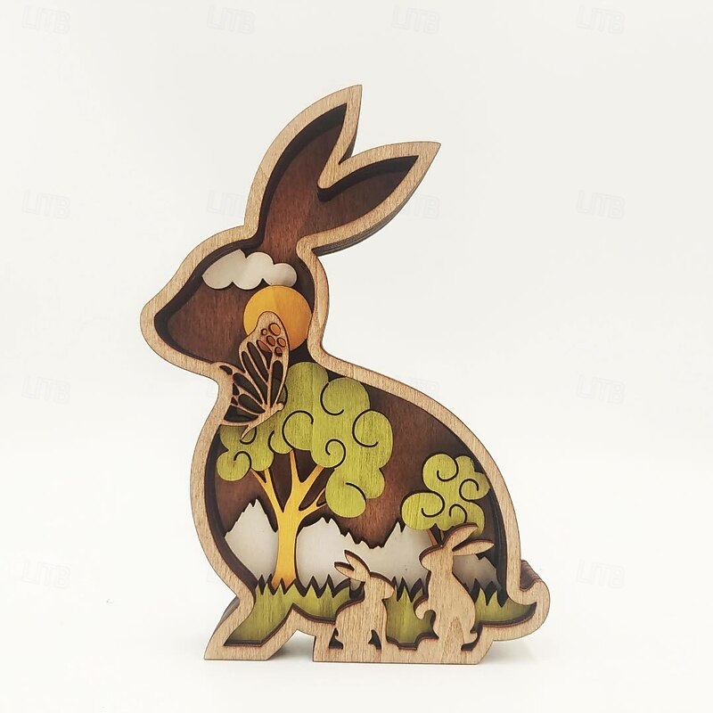 Easter Light 3D Carved Rabbit Lamp Forest AnimalDesk Art Decor Wooden Farmhouse Table Decoration Cabin Decor Nursery Decor Mountain Decor for Bedroom Living Room Perfect for Easter (Rabbit)2