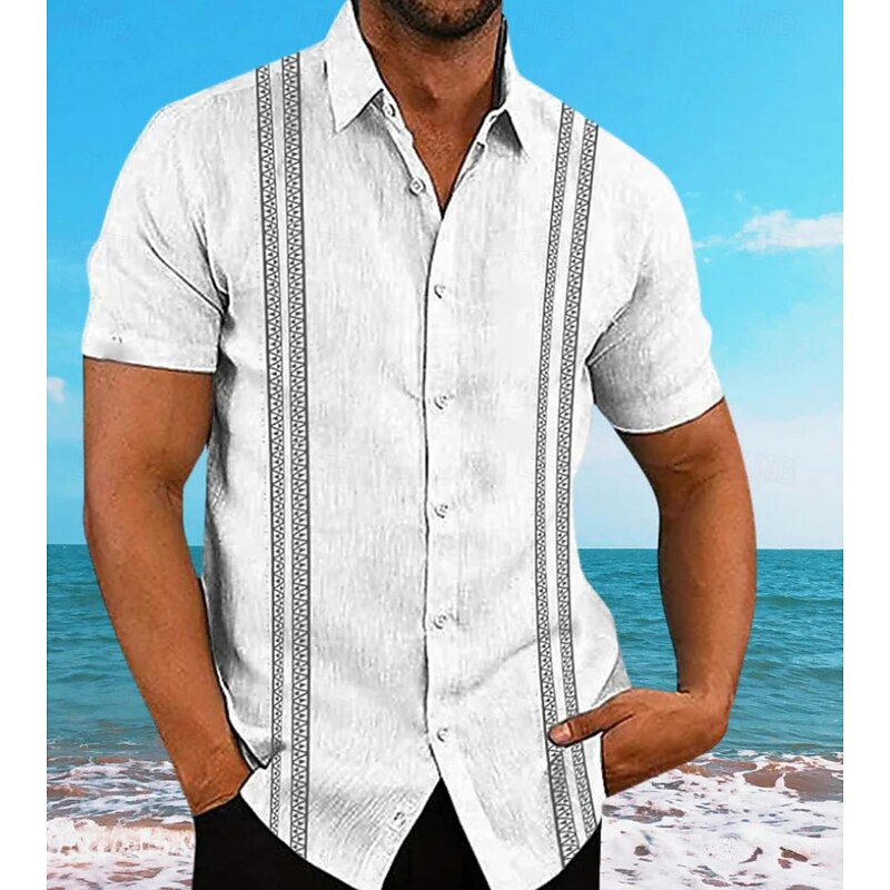 Men's Guayabera Shirt Summer Shirt Casual Shirt Button Up Shirt Black White Dark Navy Short Sleeve Pattern Solid / Plain Color Lapel Vacation Hawaiian Clothing Apparel Polyester Fashion Casual