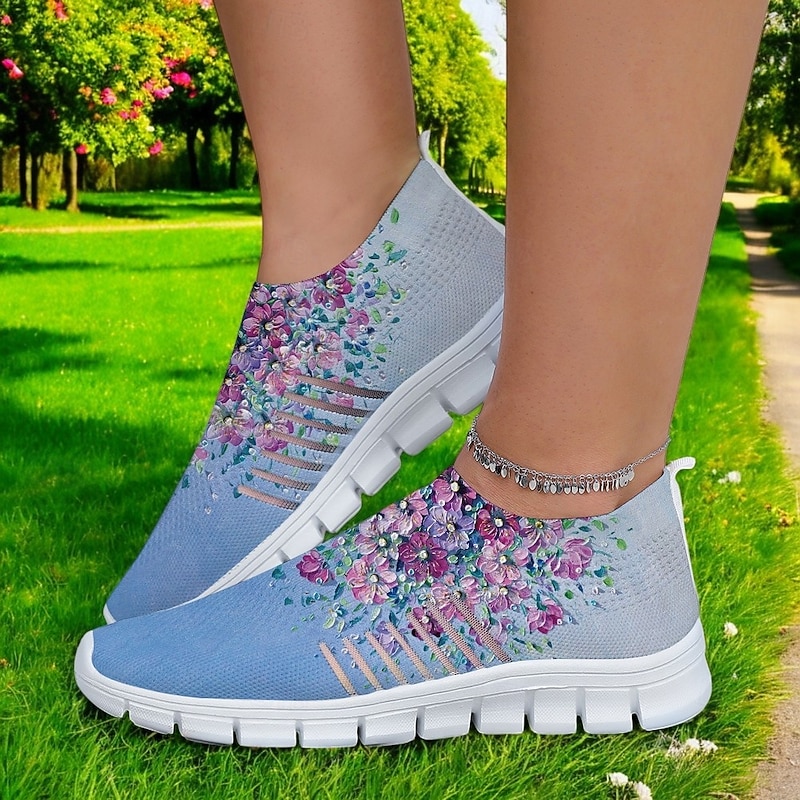 Women's Floral Mesh Slip-On Sneakers – Lightweight Breathable Walking Shoes for Casual Wear, Travel and Outdoor Activities