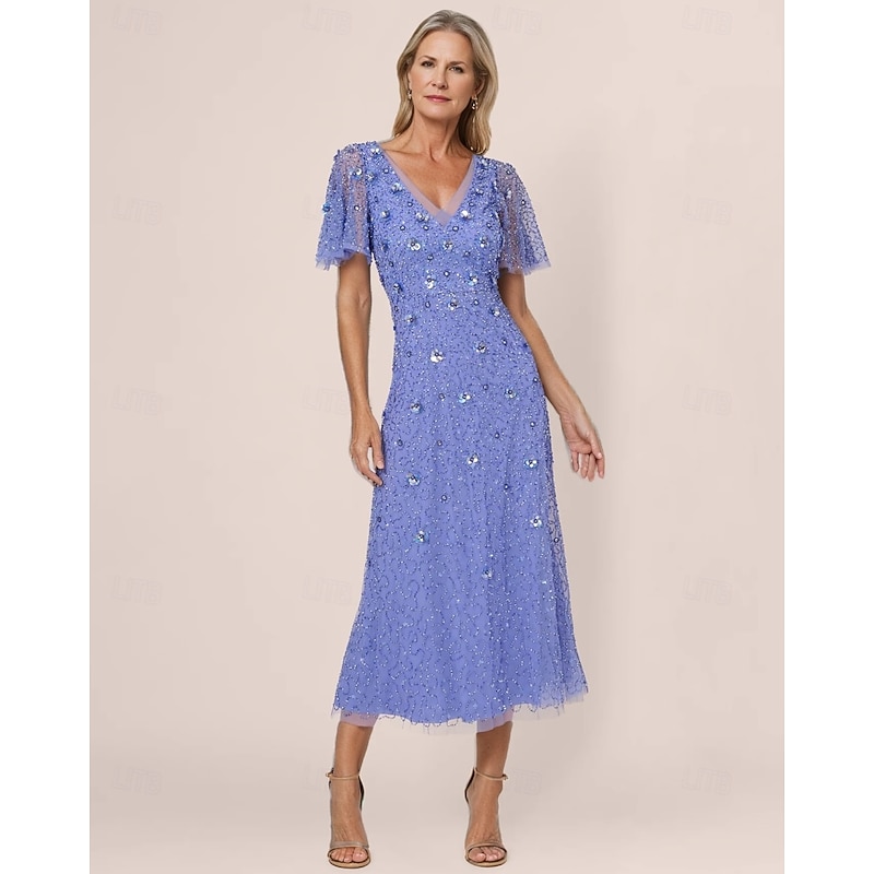 Beaded A-Line Dress Mother of the Bride Wedding Elegant Vintage V Neck Floor Length Lace Short Sleeve with Lace Sequin