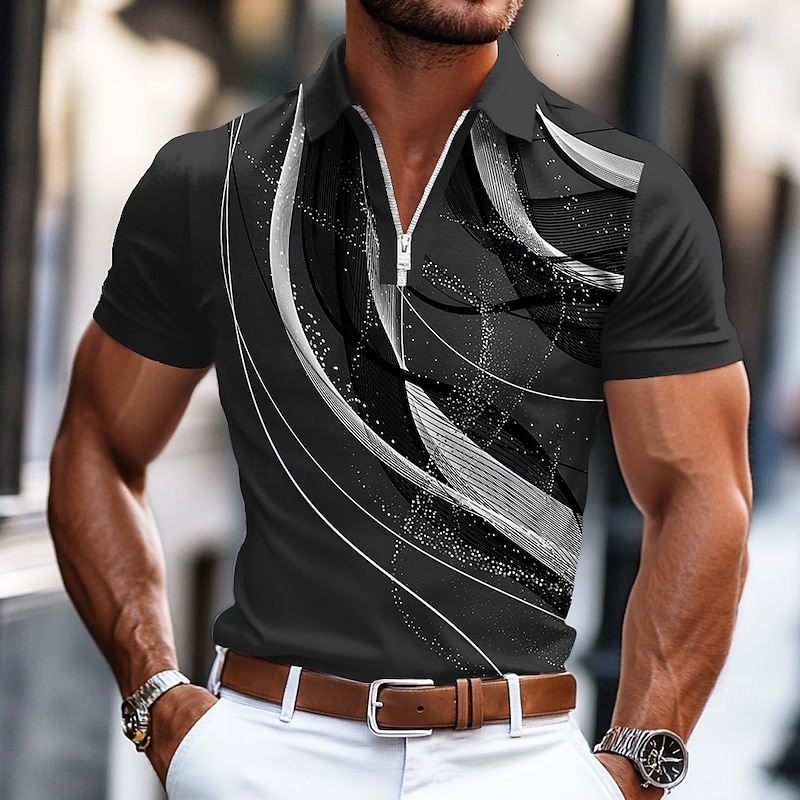 Men's Geometic Line Zip Polo Shirts Short Sleeve Polo Shirts Collared Shirts Business Casual Business Athleisure Wear to work Daily Wear 3D Print Summer Blue Purple Orange2