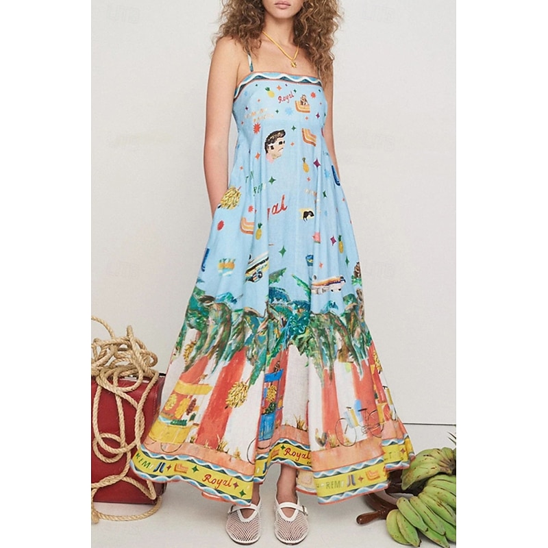 Women's Long Dress Maxi Dress Summer Dress Slip Dress Print Dress Fashion Vacation Holiday Going out Regular Fit Tropical Sleeveless Spaghetti Strap Light Blue Summer