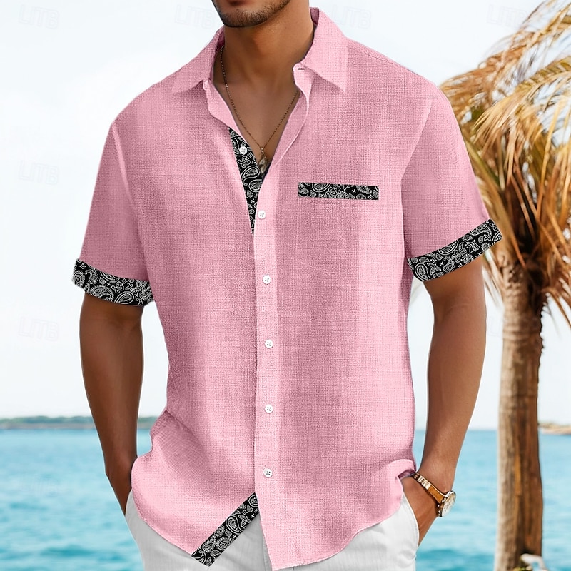 Men's Shirt Linen Shirt Summer Shirt Beach Shirt Untucked Shirts Plaid Vacation Holiday Black Pink Orange Light Blue Short Sleeve Collar Summer Clothing Apparel4