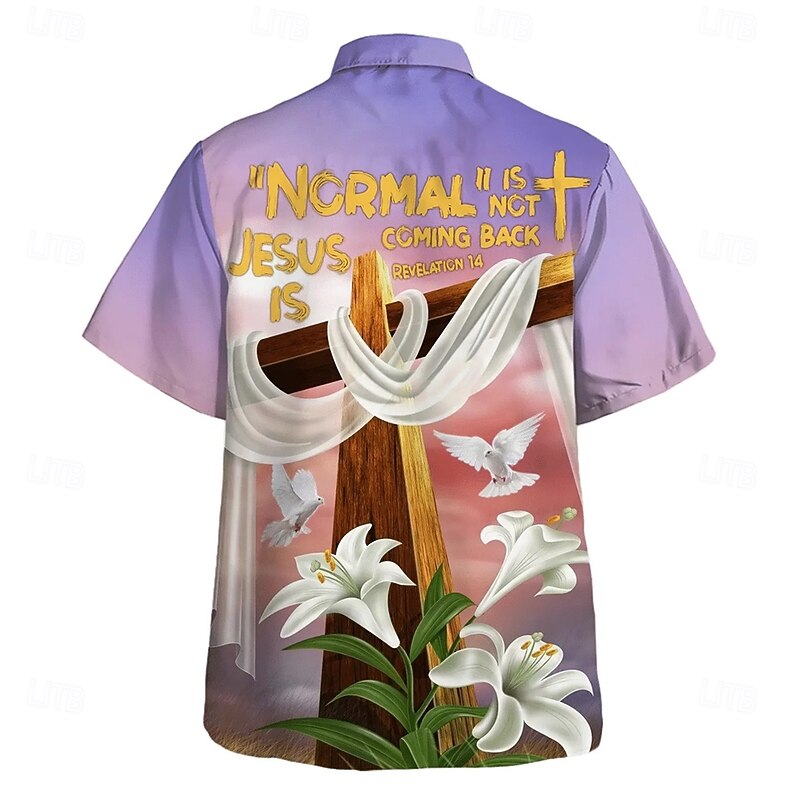 Easter Men's Templar Cross Lily Flowers Shirt Casual Shirt Button Up Shirt Short Sleeve Vintage Retro Vacation Holiday Festival Summer Spring Turndown 3D Print Collared Shirts Purple2
