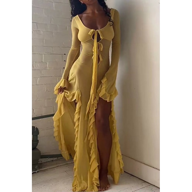 Women's Long Dress Maxi Dress Boho Dress Fashion Vacation Date Going out Regular Fit Plain Long Sleeve V Neck Light Yellow Summer