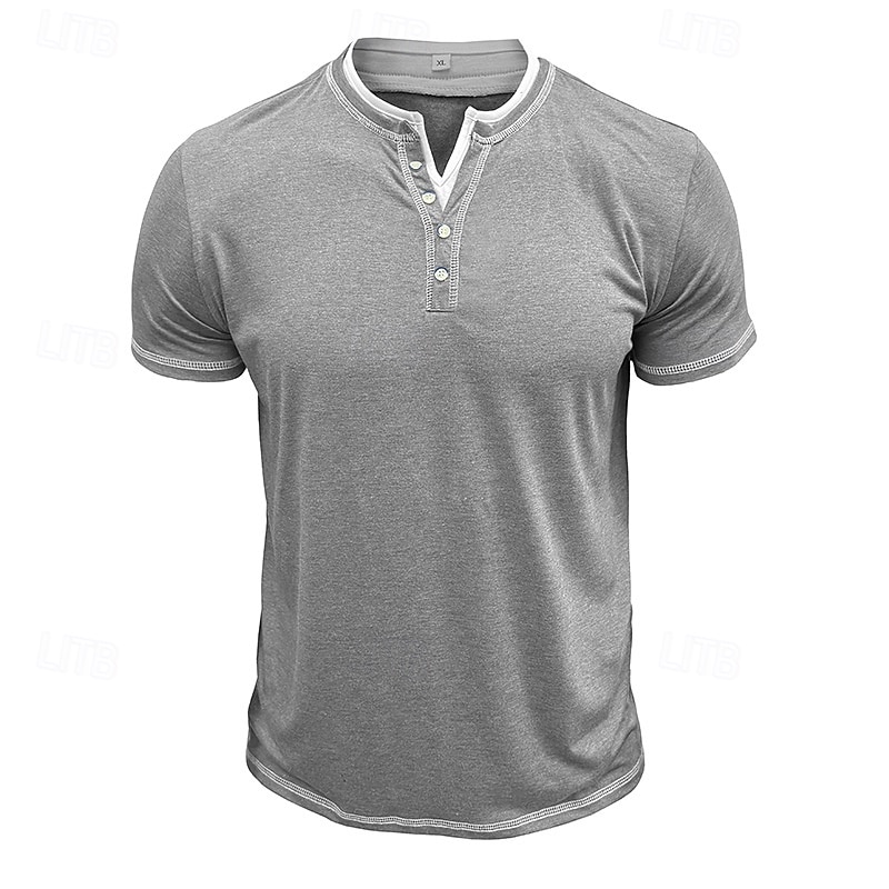 Men's Henley Shirt Tee Short Sleeve Plain Vintage Buttons Fake two piece Henley Outdoor Casual Daily Summer Spring &  Fall Dark Grey Black Light Blue Henley T-Shirt4