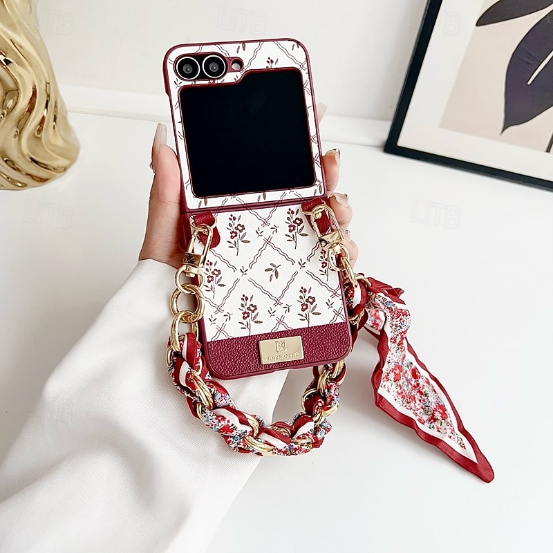 Phone Case For Samsung Galaxy Z Flip 7 Z Flip 6 Z Flip 5 Z Flip 4 Back Cover with Wrist Strap Shockproof Retro PU Leather2