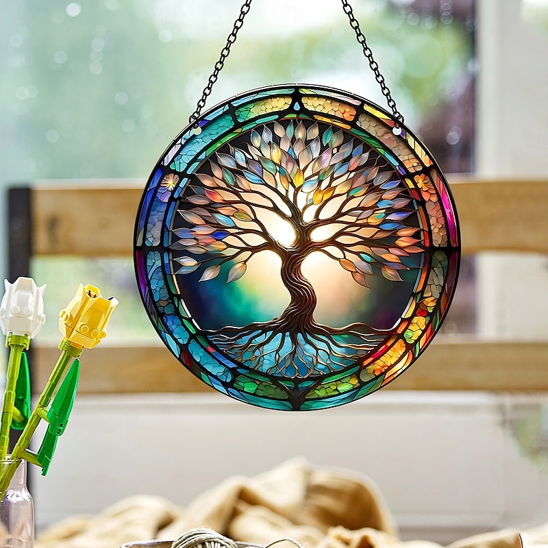 Acrylic Tree of Life Wall Hanging Decor, 5.9 x 5.9 Inch Round 2D Colorful Print Ornament, Creative and Unique Wall Art for Home, Window, Door, Party,