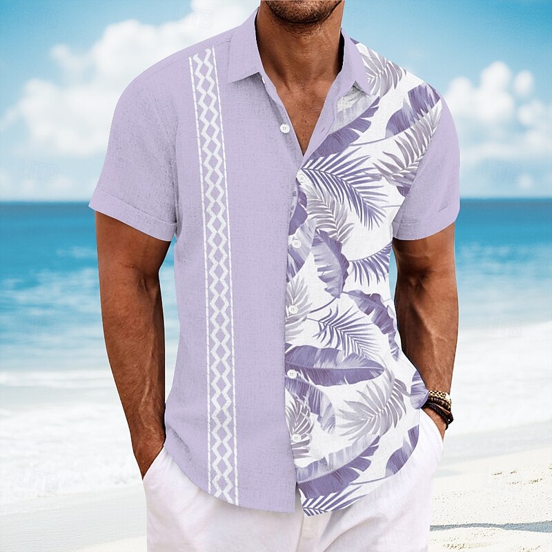 Men's Geometric Palm Leaf Tropical Plants Shirt Guayabera Shirt Summer Hawaiian Shirt Short Sleeve Hawaiian Vacation Dailywear Beach Wear Summer Spring Turndown Button Up Collared Shirts Pink Blue4