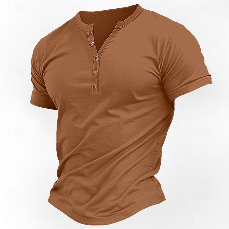 Men's T Shirt Henley Shirt Tee Top Short Sleeves Plain Fashion Basic Buttons V Neck Vacation Street Going out Summer White Navy Blue Brown Henley T-Shirt2