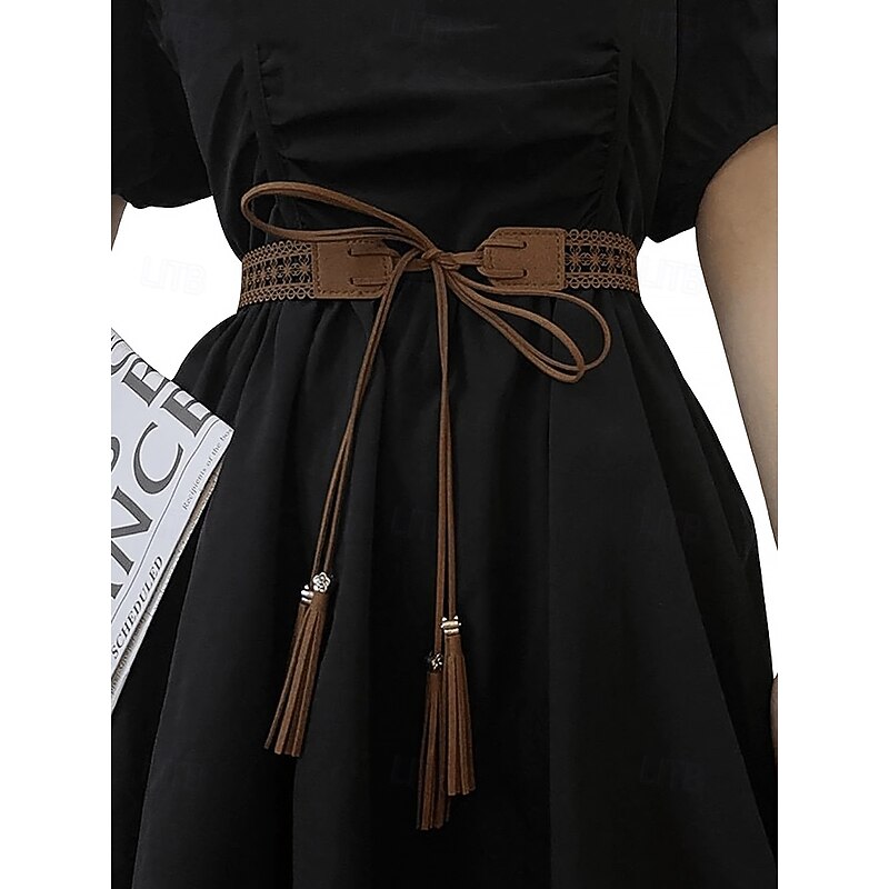 Women's Boho Lace-Up Tassel Belt – Vintage Hollow-Out Faux Suede Waist Belt, Adjustable Wide Cinch Belt for Dresses, Festivals & Casual Outfits4