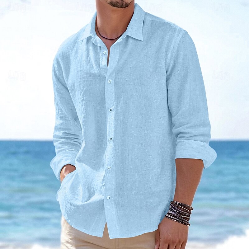 Men's Shirt Linen Shirt Summer Shirt Beach Wear Button Up Shirt Untucked Shirts Plain Vacation Casual Black White Pink Navy Blue Long Sleeve Turndown Summer Spring & Summer Clothing Apparel4
