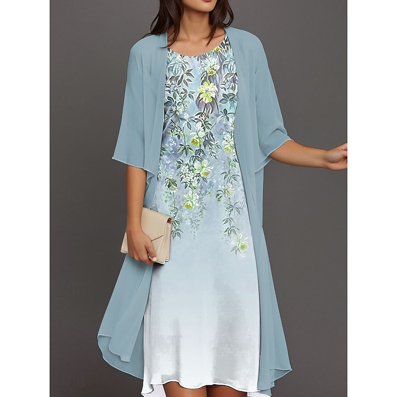 Women's Graduation Dress Midi Dress Dress Set Chiffon Dress Shift Dress Elegant Daily Loose Fit Paisley Half Sleeve Crew Neck Blue Purple Green Summer Spring Fall3