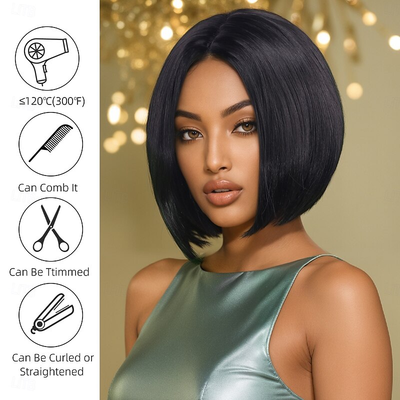 Synthetic Wig Straight Yaki Straight Asymmetrical Deep Parting Machine Made Wig 12 inch A1 Synthetic Hair Women's Middle Part Classic Comfortable Black2