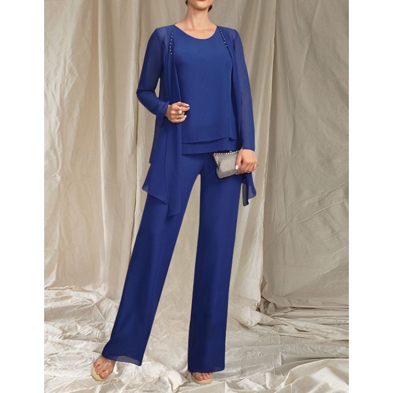 Pantsuit 3 Piece Mother of the Bride Dress Wedding Guest Elegant Crew Neck Floor Length Chiffon Long Sleeve with Beading4