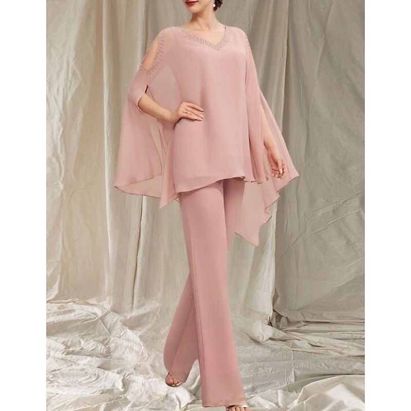 Pantsuit Mother of the Bride Dress Wedding Guest Elegant V Neck Floor Length Chiffon Long Sleeve with Beading Cascading Ruffles4