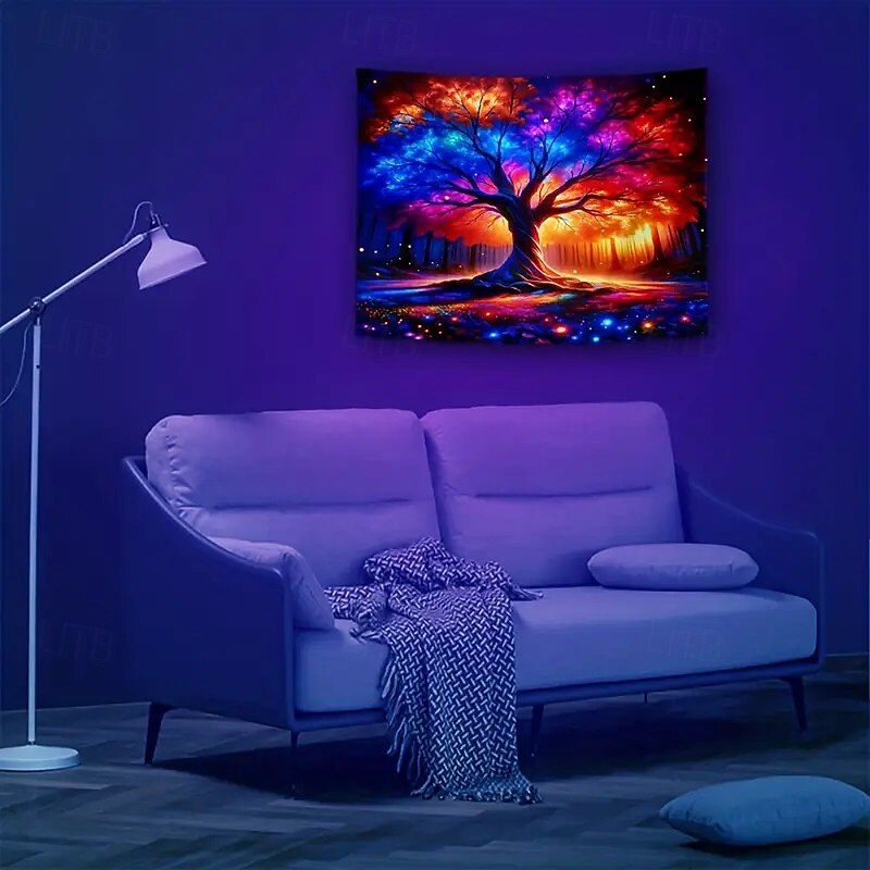 Blacklight Tapestry Glow in the Dark Glow Party UV Reactive Tree of Life Trippy Misty Nature Landscape Hanging Tapestry Wall Art Mural for Living Room Bedroom2