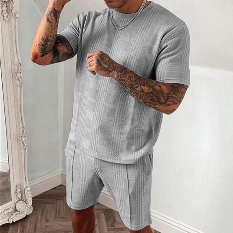 Men's Tracksuit Outfit Set Shorts Crew Neck Outdoor Daily Sports Pocket Drawstring 2 Piece Plain Black Blue Sky Blue Polyester Activewear Classic Casual Summer