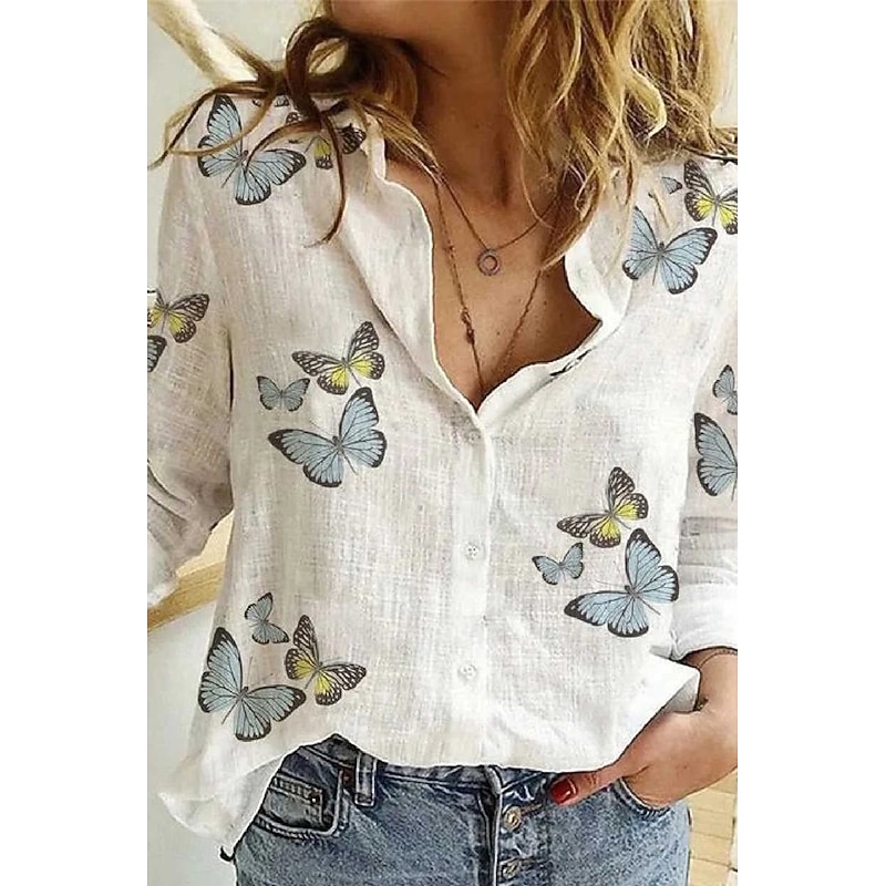 Women's Shirt Blouse Butterfly Flower Modern Casual Long Sleeve Shirt Collar Regular Tops Holiday Going out Buttons Print White Blue Khaki Beige Light Blue Summer4