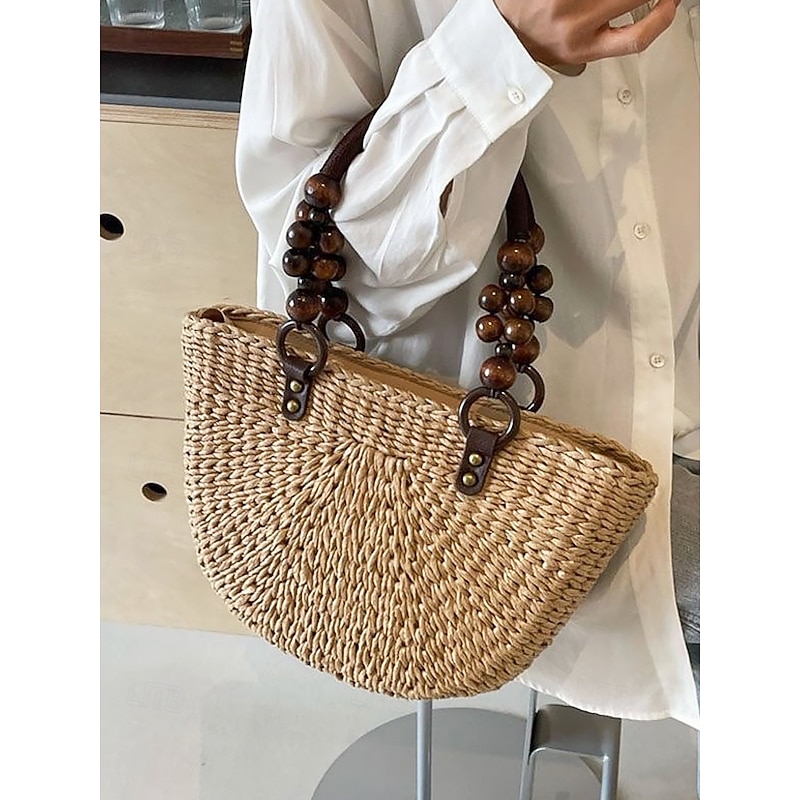 Women's Handmade Woven Straw Tote Bag – Boho Summer Beach Handbag with Wooden Bead Handles, Casual Large Capacity Shoulder Bag for Vacation, Shopping, and Travel2