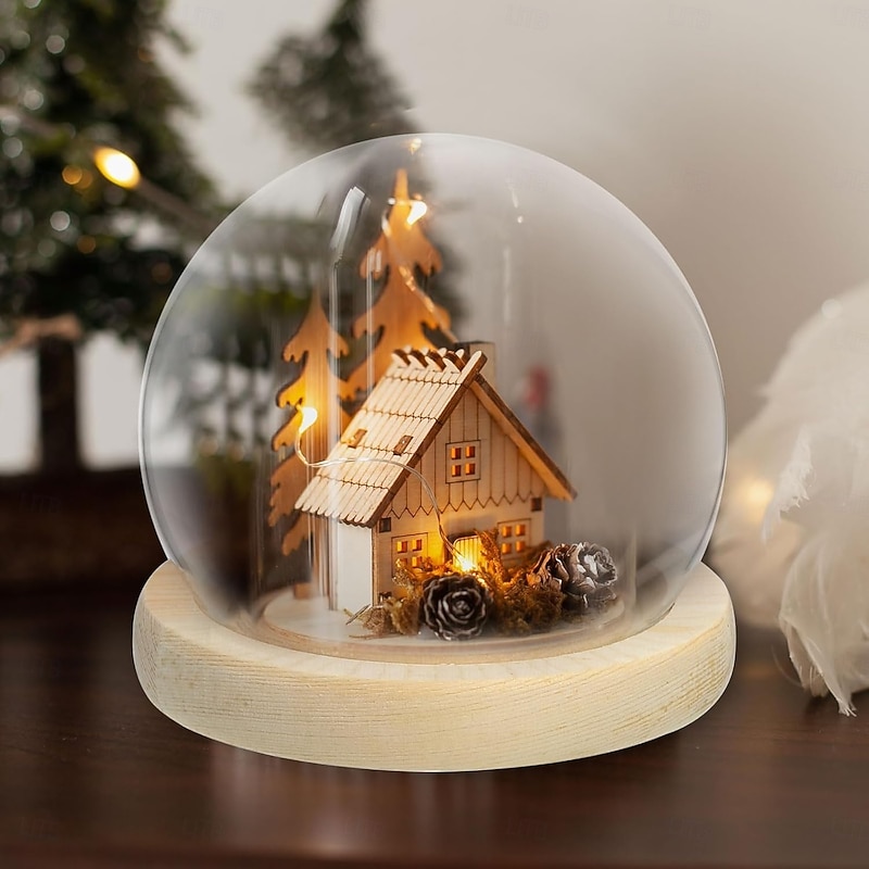 Deco Night Lights Round Glass Display Dome Cloche with Wooden Base Landscape Decorative Cover Tabletop Disp with Light for Xmas DIY Crafts Birthday Holiday Halloween Home Decoratio Craftsmanship and Style for Your Home2