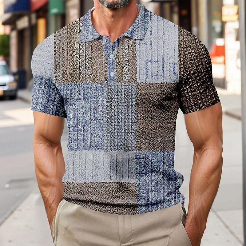 Men's Color Block Waffle Polo Shirts Short Sleeve Polo Shirts Collared Shirts Business Casual Business Athleisure Daily Wear Buttons 3D Print Summer Blue Purple Brown2