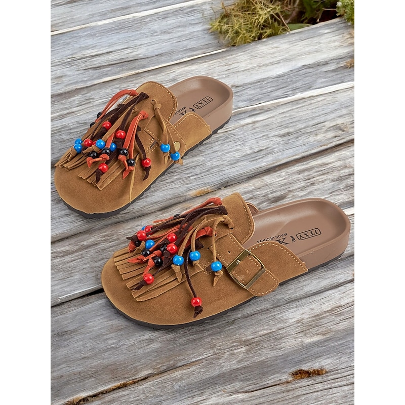 Women's Beaded Fringe Mules – Tan Suede Slip-On Loafers with Colorful Tassels and Buckle Strap for Boho Style, Casual Outings, and Summer Festivals3