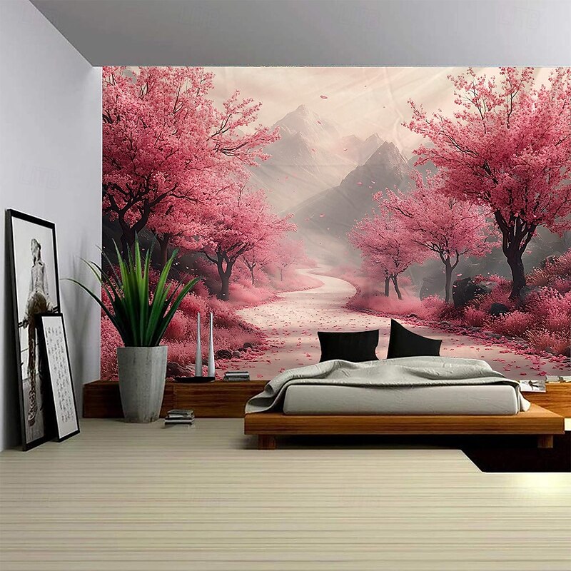 Red Flower Forest Path Landscape Hanging Tapestry Mural Art Large Tapestry Mural Decoration Photo Background Carpet Curtain Home Bedroom Living Room Decoration4
