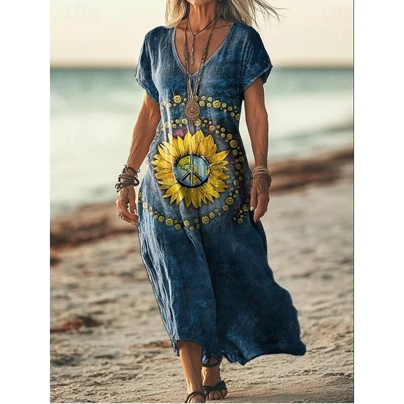 Women's Maxi Dress Paisley Dress Casual Dress Long Sleeve Boho Dress A Line Dress Bohemia Vacation Vintage Vacation Daily Regular Fit Floral Short Sleeve V Neck Pink Navy Blue Blue Light Purple3