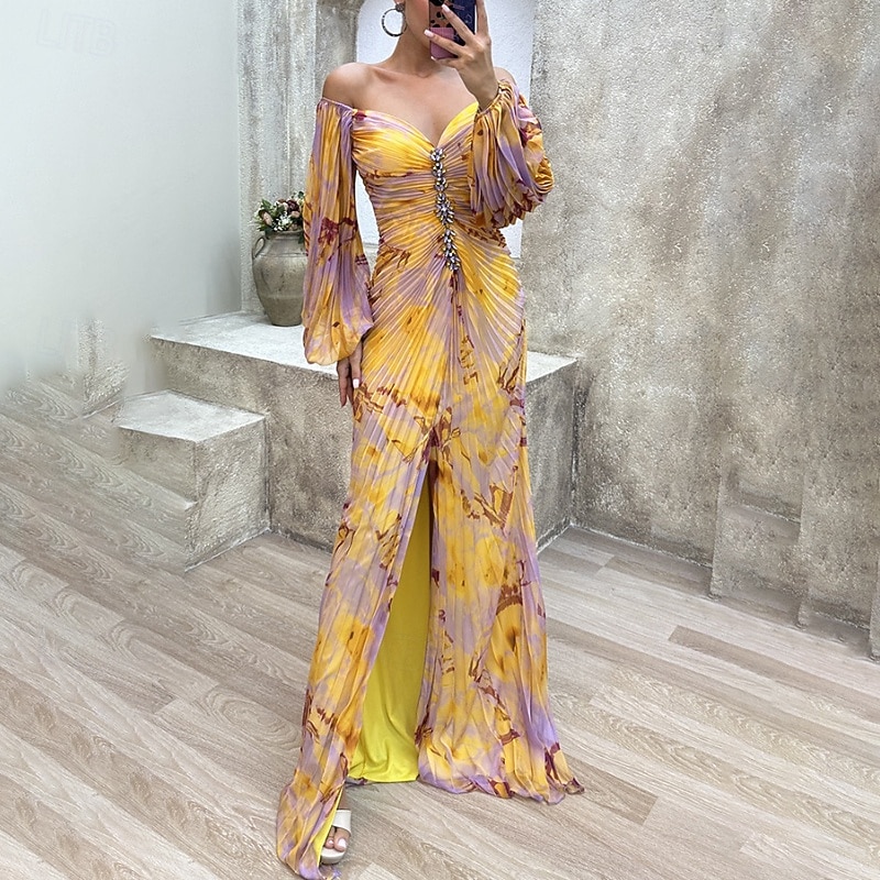 Women's Long Dress Maxi Dress Party Dress Ruched Dress Fashion Party Evening Party Regular Fit Flower Long Sleeve V Neck Yellow Wine Blue Green Summer2