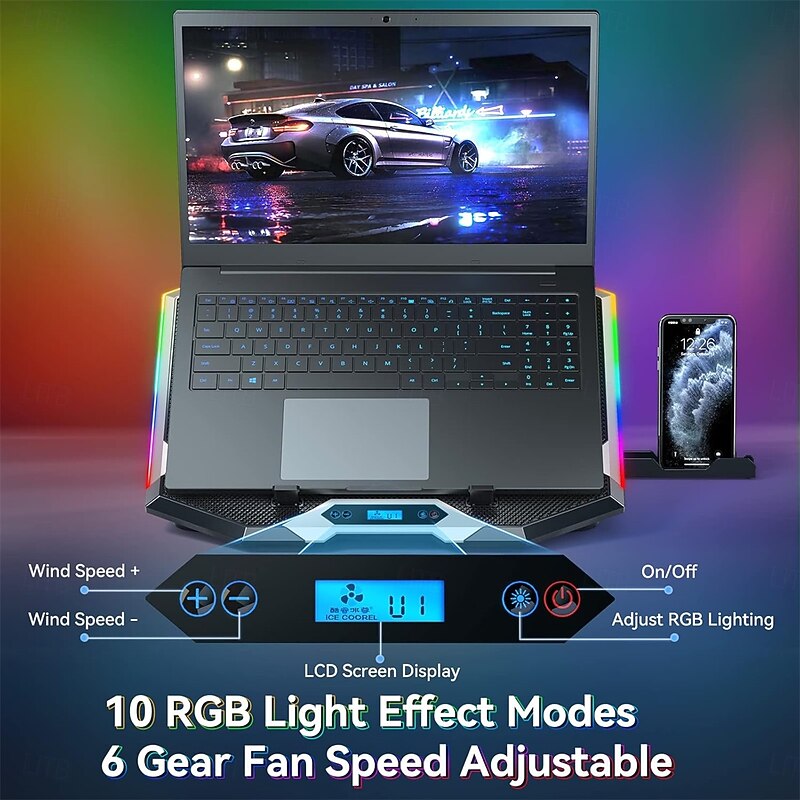 Gaming Laptop Cooling Pad with 8 Cooling Fans Laptop Fan Cooler Pad for 15-17.3 Inch Cooler Stand with 6 Height Adjustable RGB Cooling Pad with Two USB Port & Phone Stand4